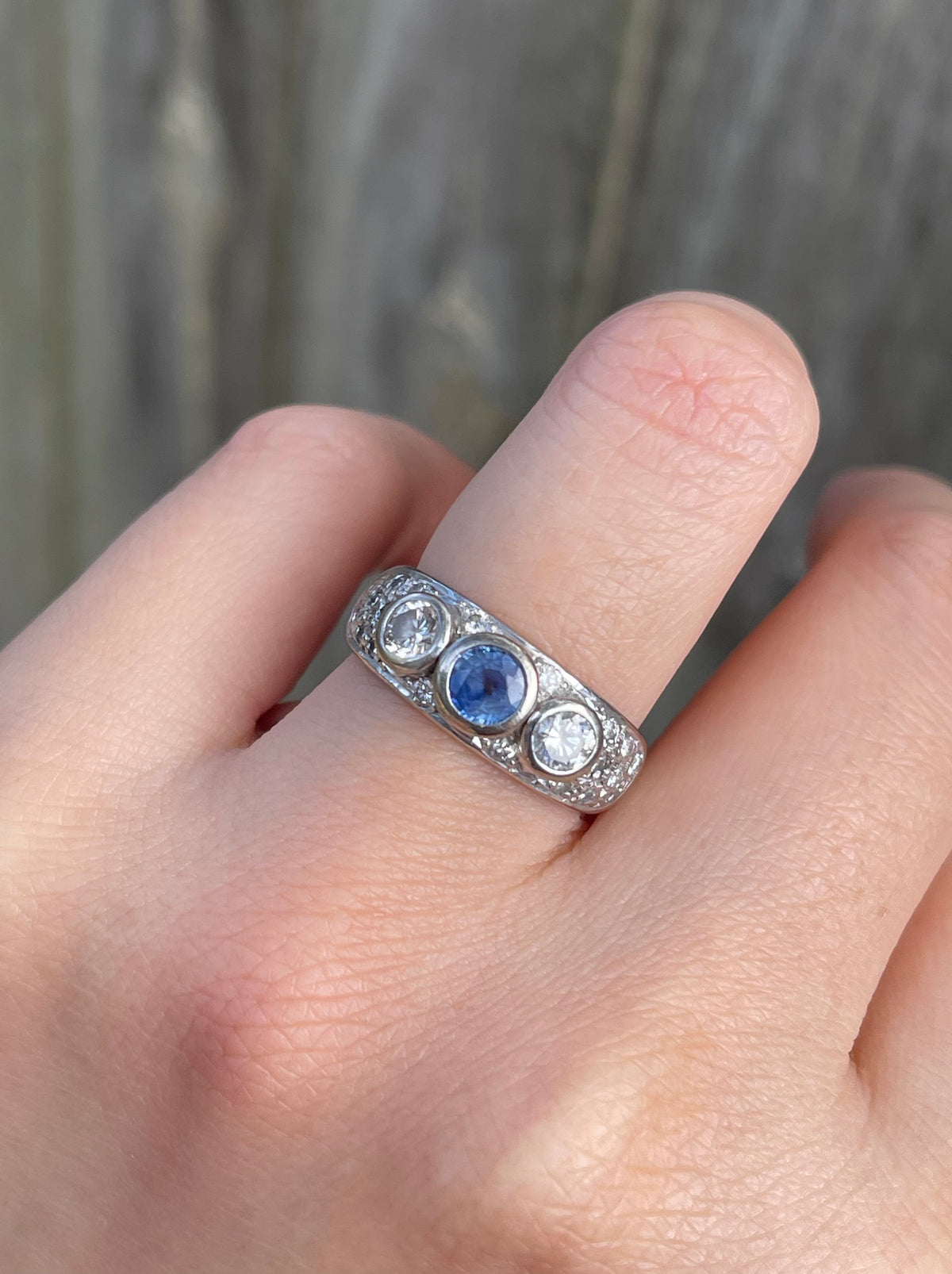 Vintage Natural Ceylon Sapphire Diamond Trilogy Ring In 18ct White Gold