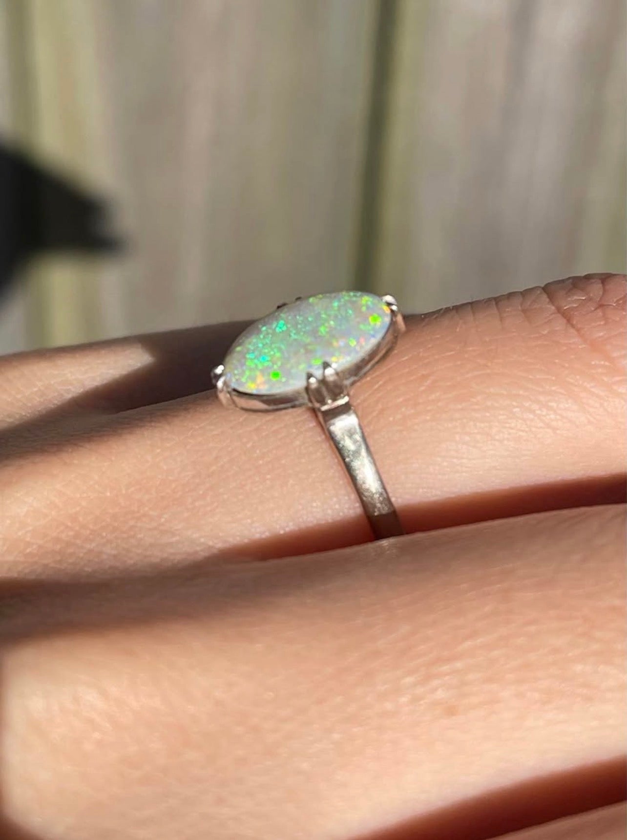 Mid Century 1950s Solid Australian Opal Ring In 14ct White Gold
