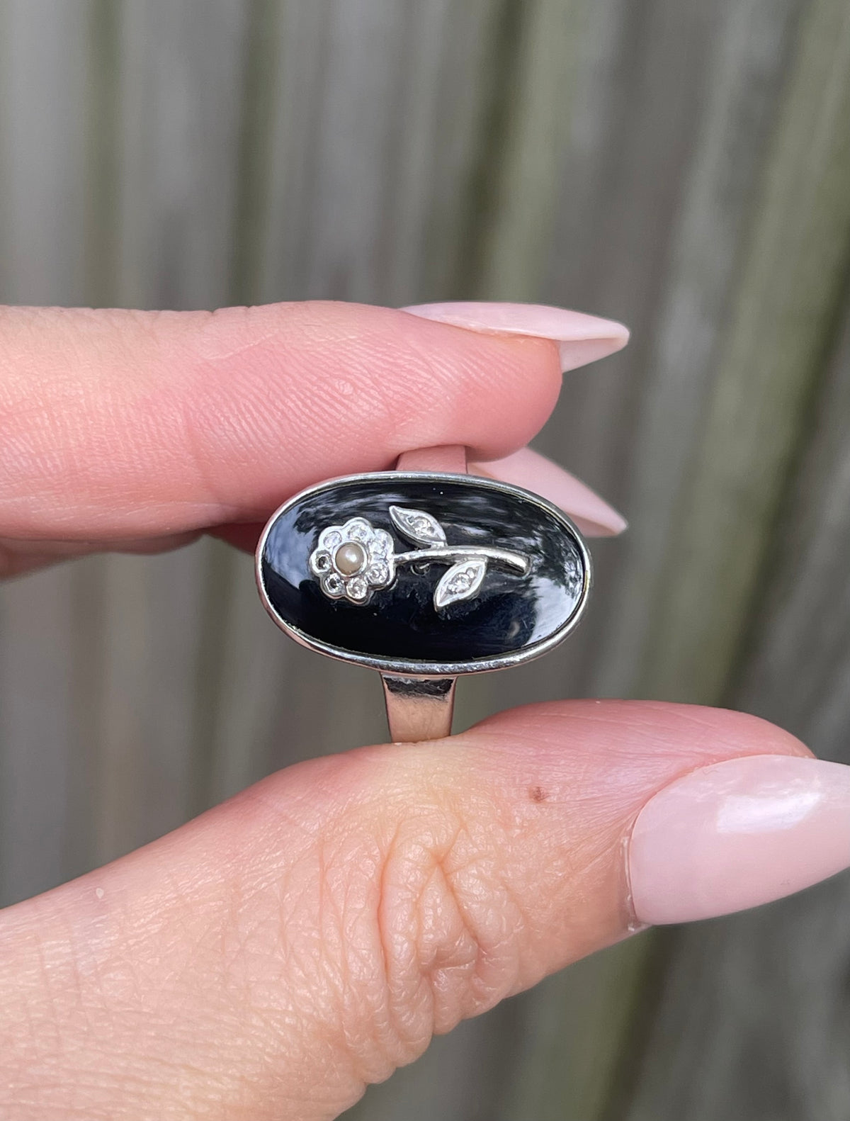 Eternal Bloom – Floral Diamond, Seed Pearl & Black Onyx Ring in 14ct White Gold
