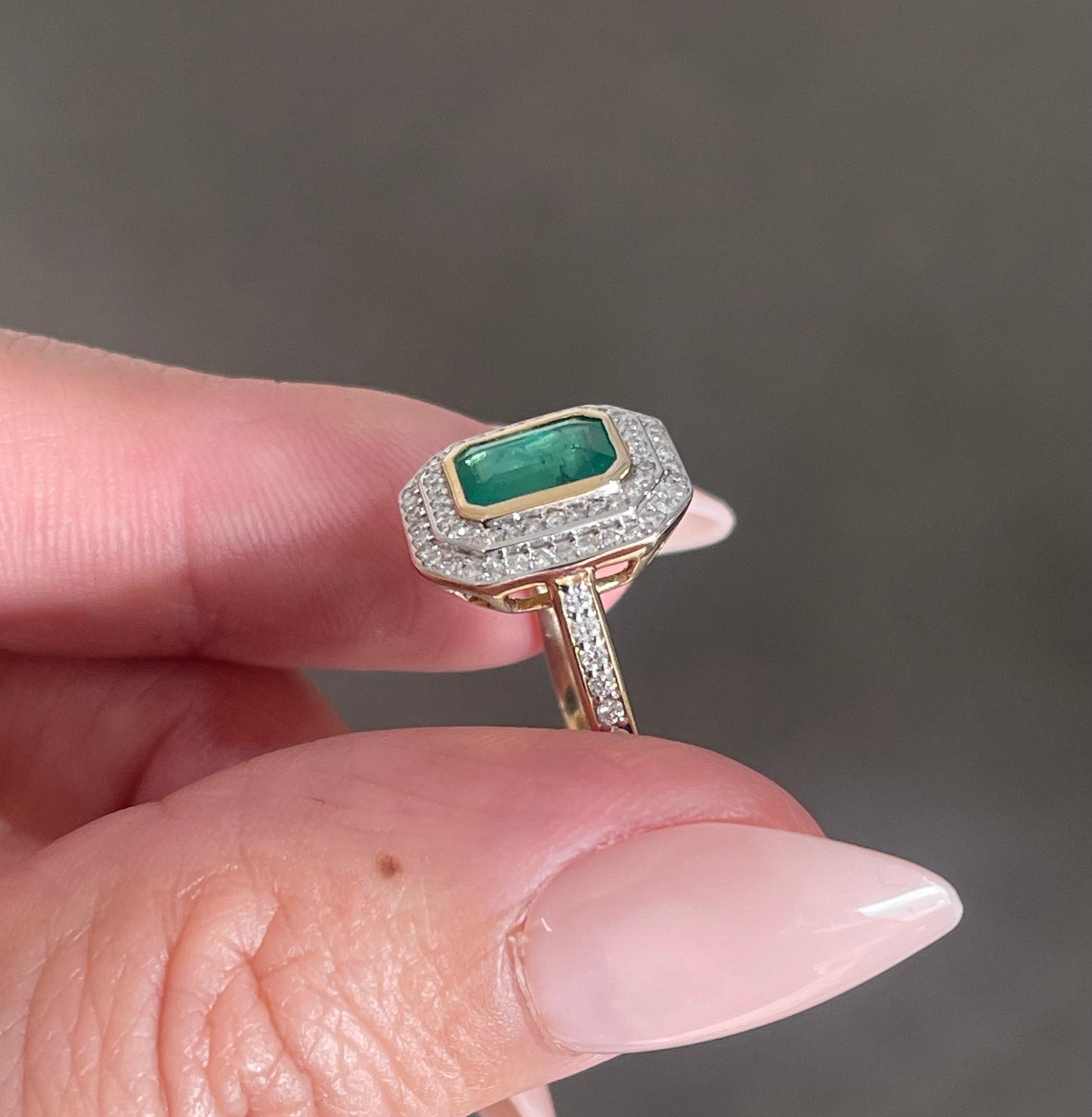 Classic Natural Emerald Diamond Double Halo Ring In 14ct Yellow White Gold