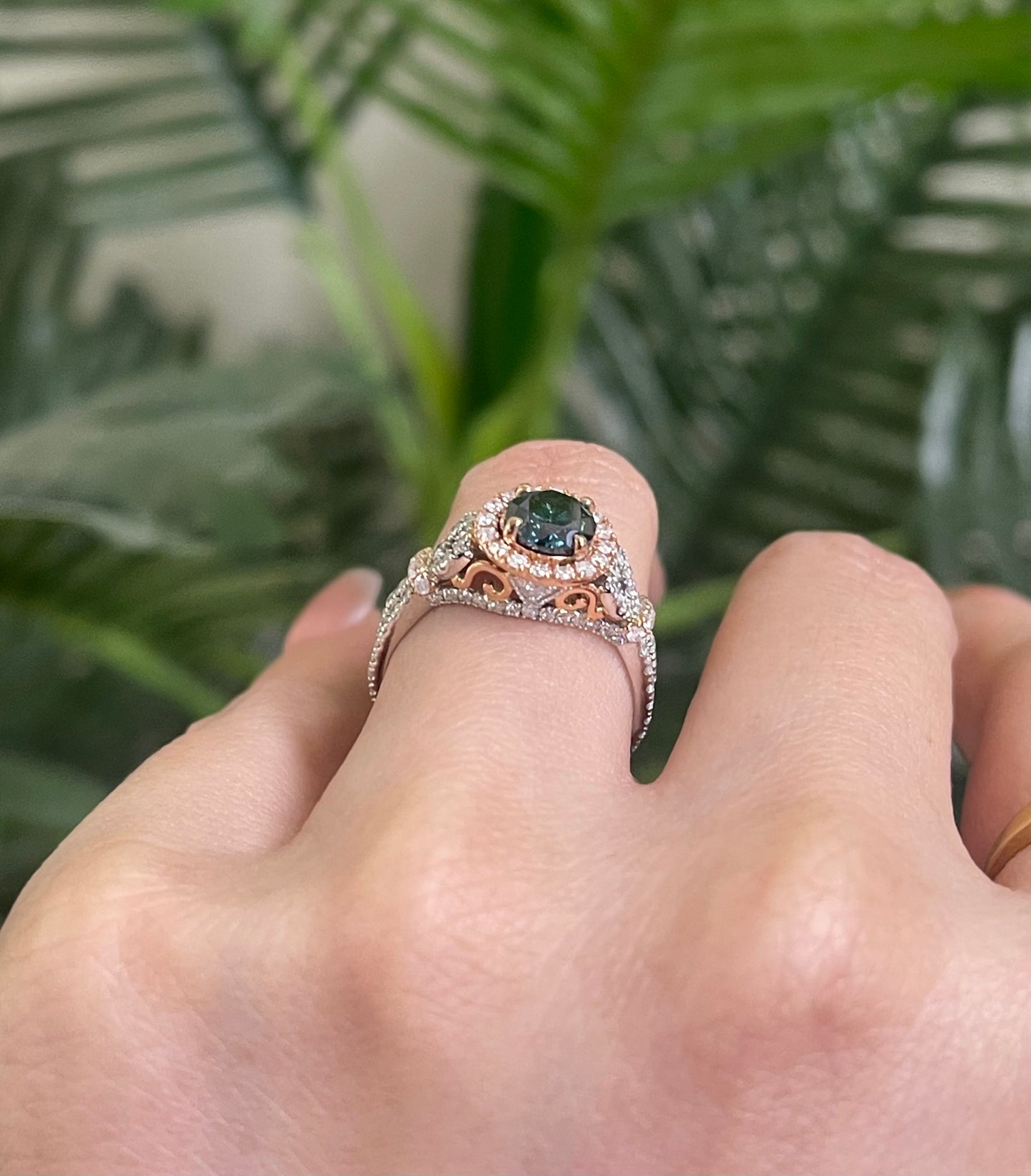 1.08ct Natural Teal Blue Diamond & 0.78ct White Diamond Ring In 14ct White & Rose Gold
