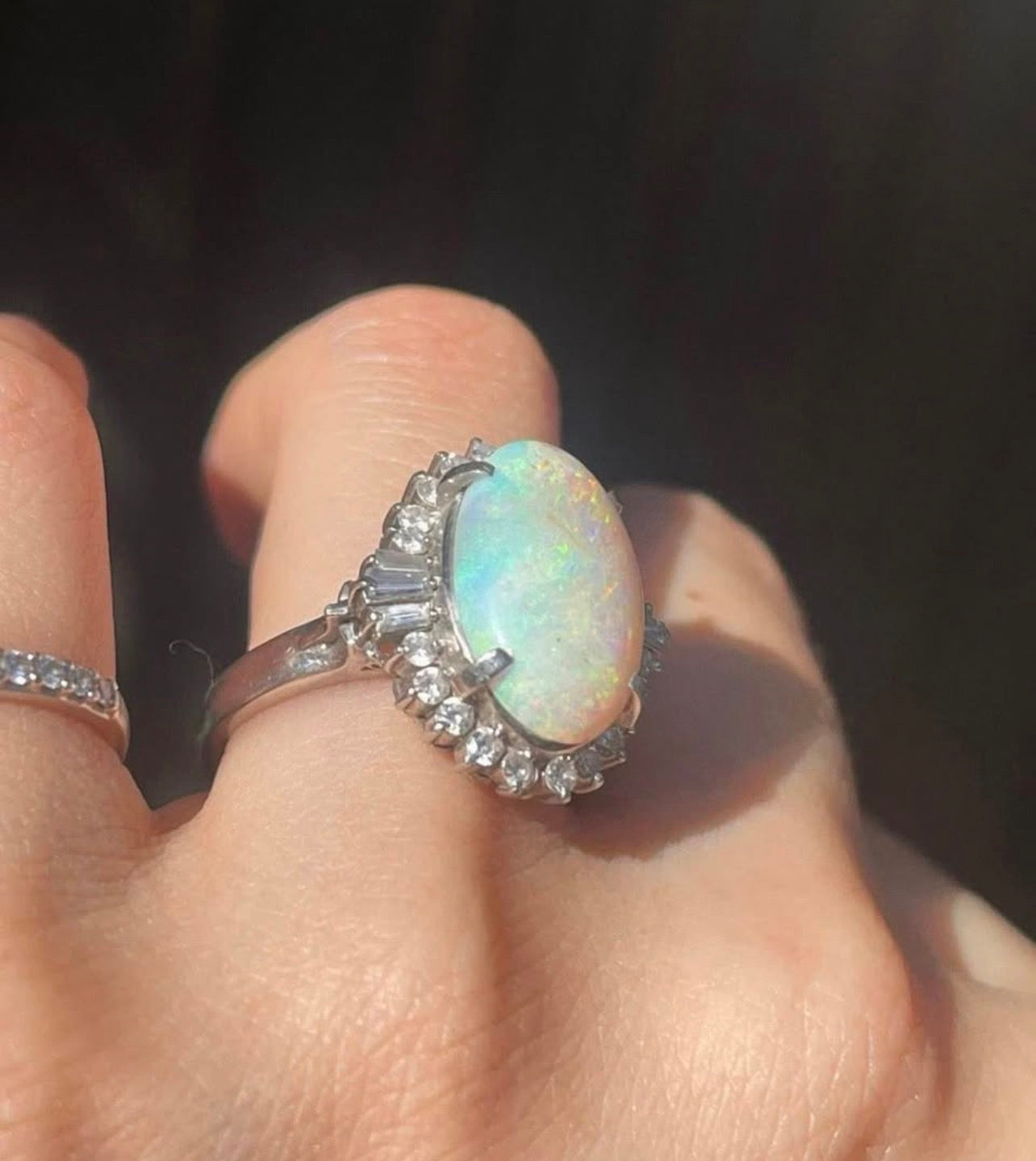 Natural Solid Australian Opal & Diamond Ring In 900 Platinum
