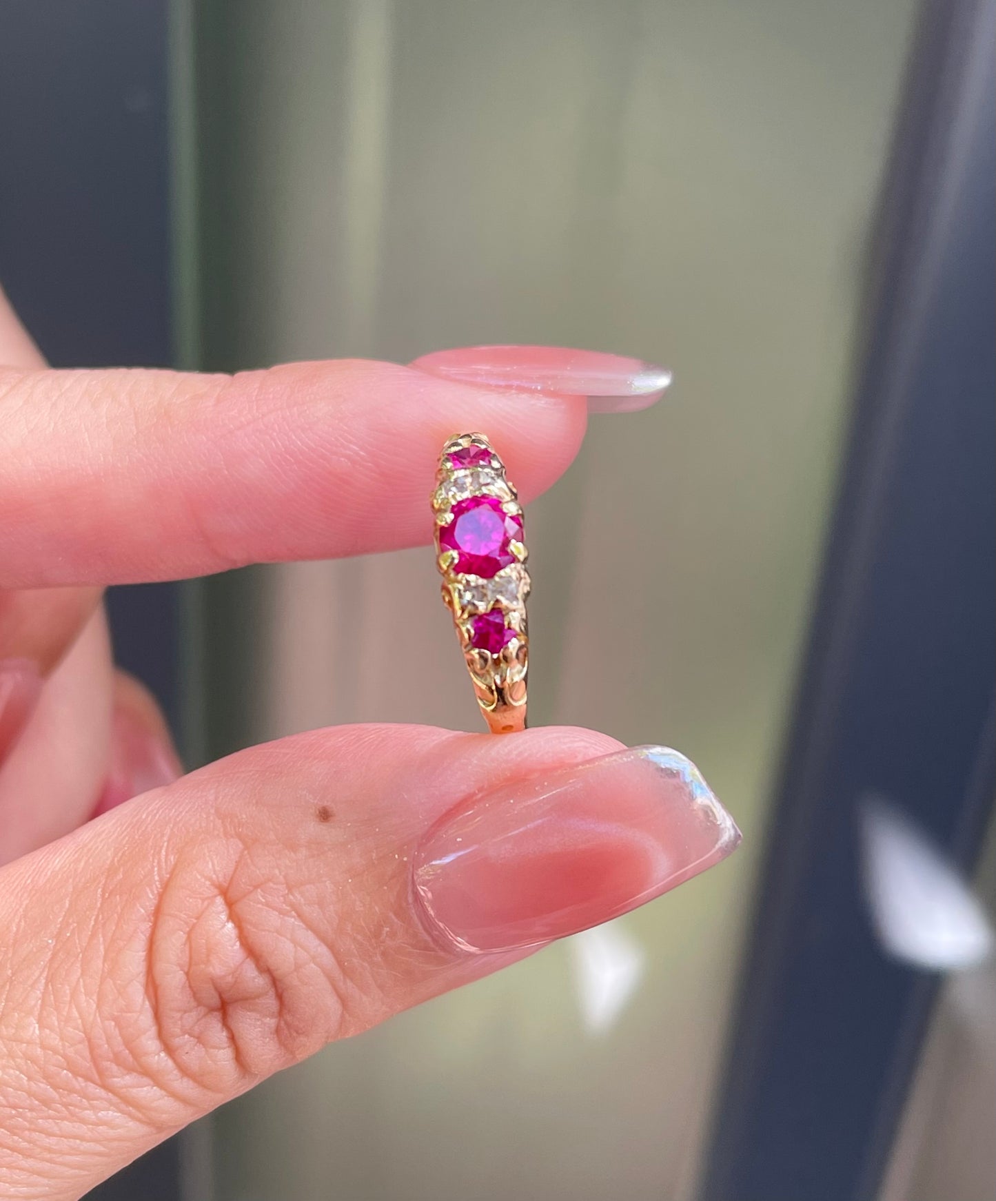Vintage Handmade Pink Ruby & Antique Rose Cut Diamond Ring in 18ct Yellow Gold