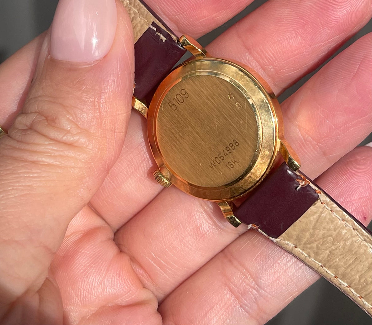 Authentic Vintage Ladies Rolex Cellini Watch 18ct Yellow Gold - Burgundy leather strap