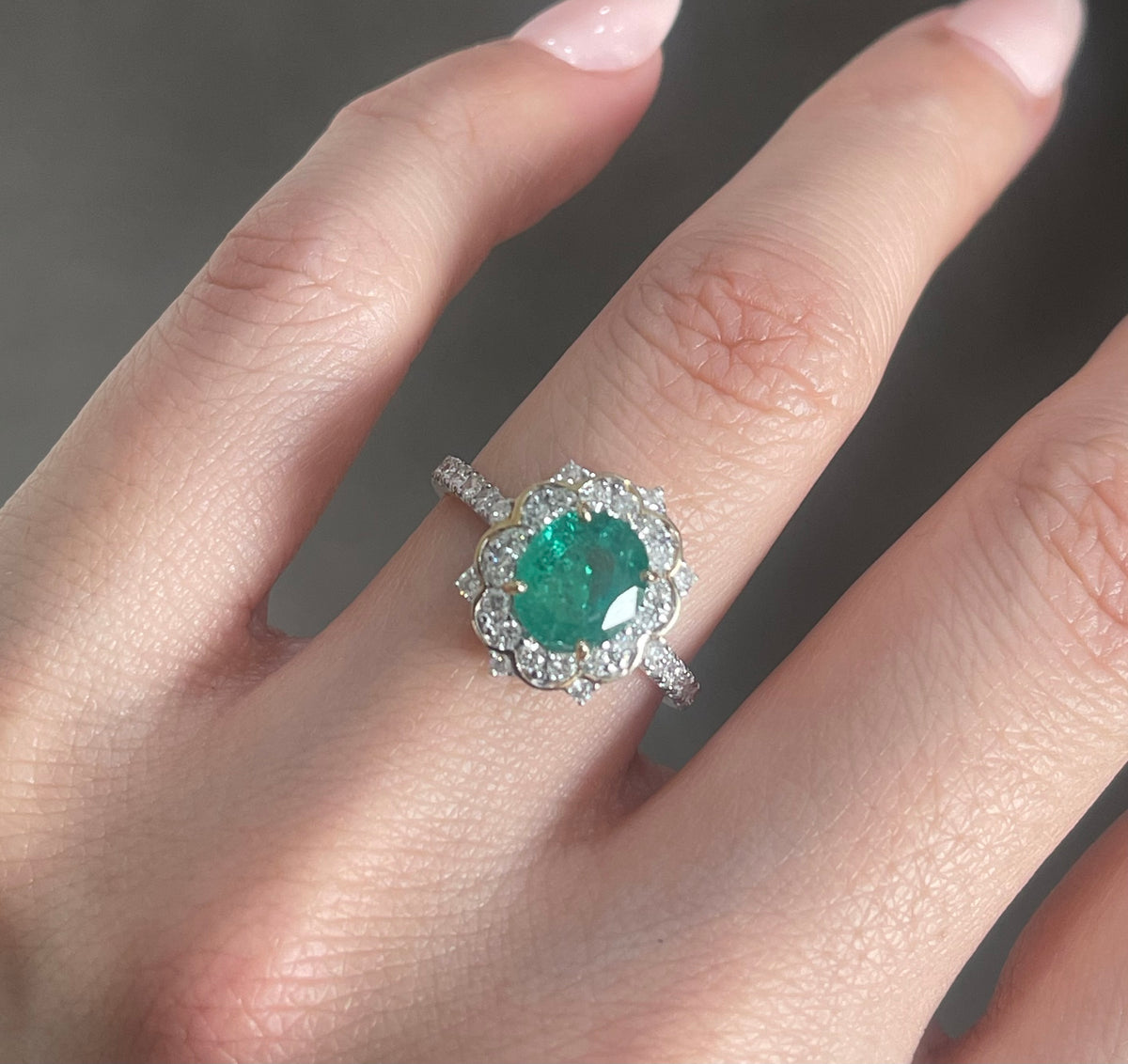 Natural Emerald Diamond Flower Ring In 14ct Yellow Gold