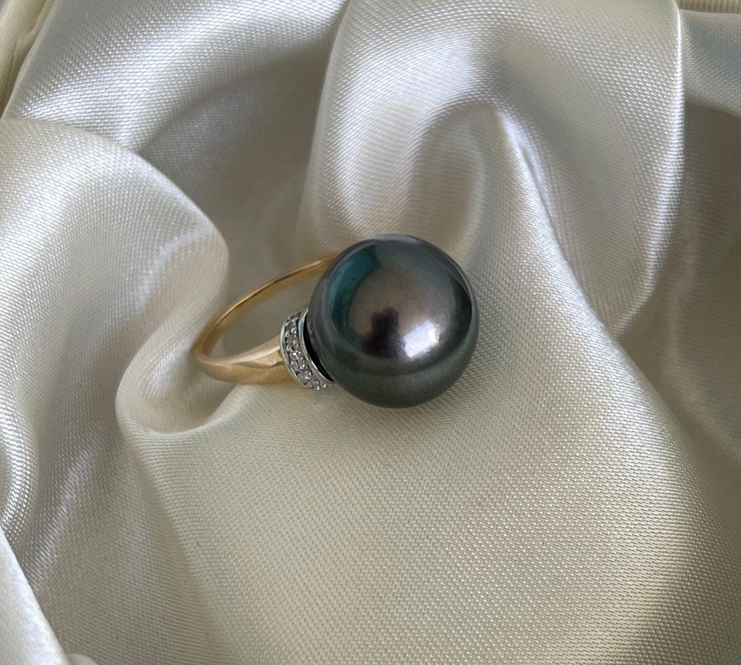 Vintage 10ct yellow & white gold large 14mm genuine Tahitian pearl diamond ring