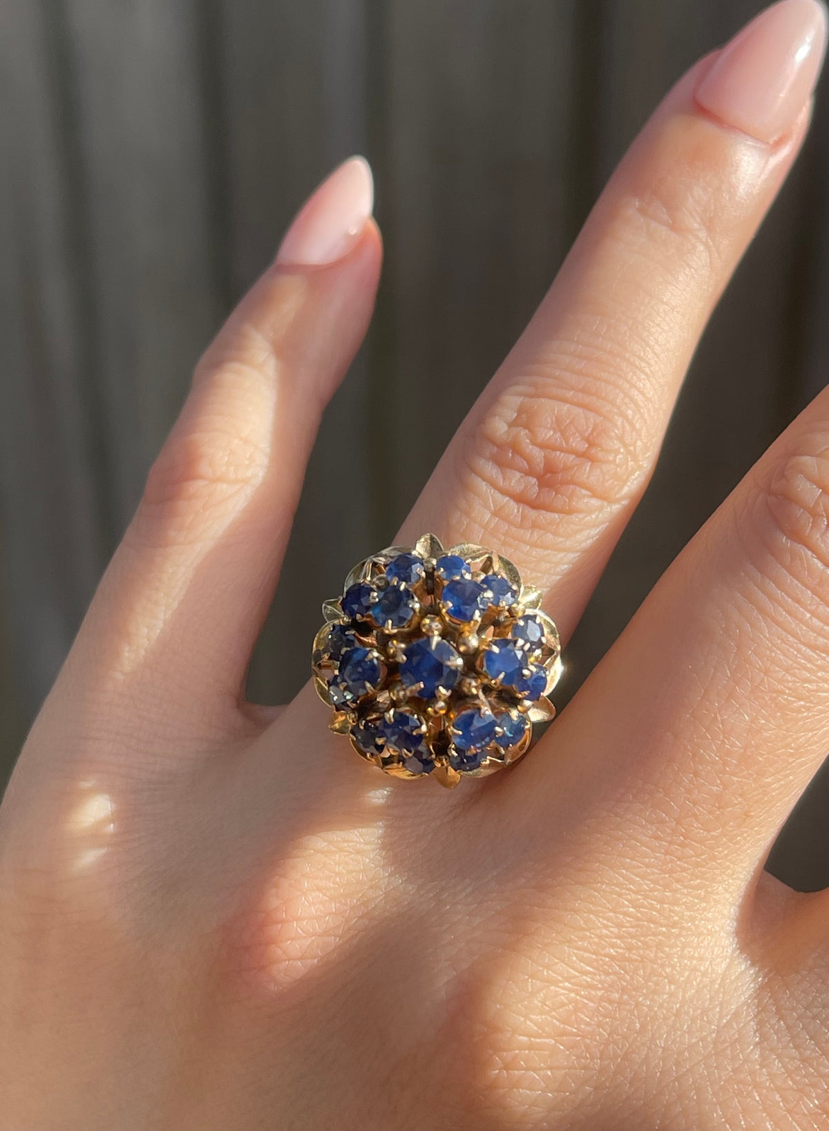 Vintage Triple Halo Natural Blue Sapphire Cluster Ring in 10ct Yellow Gold