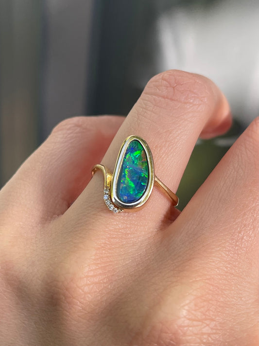 Vintage 1.8ct Natural Solid Australian Boulder Opal Diamond Ring In 14ct Yellow Gold
