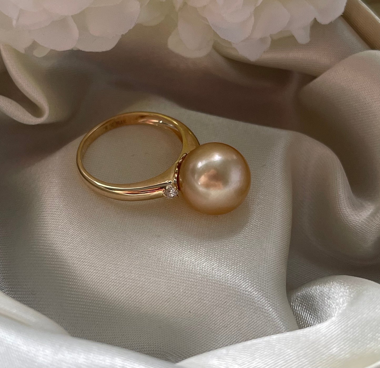 Golden South Sea Pearl Ring With Diamond In 9ct Yellow Gold