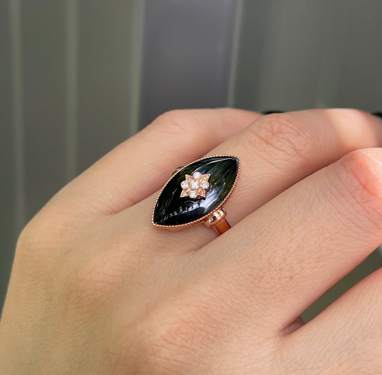 Navette Diamond Flower Pattern Onyx Ring In 9ct Rose Gold