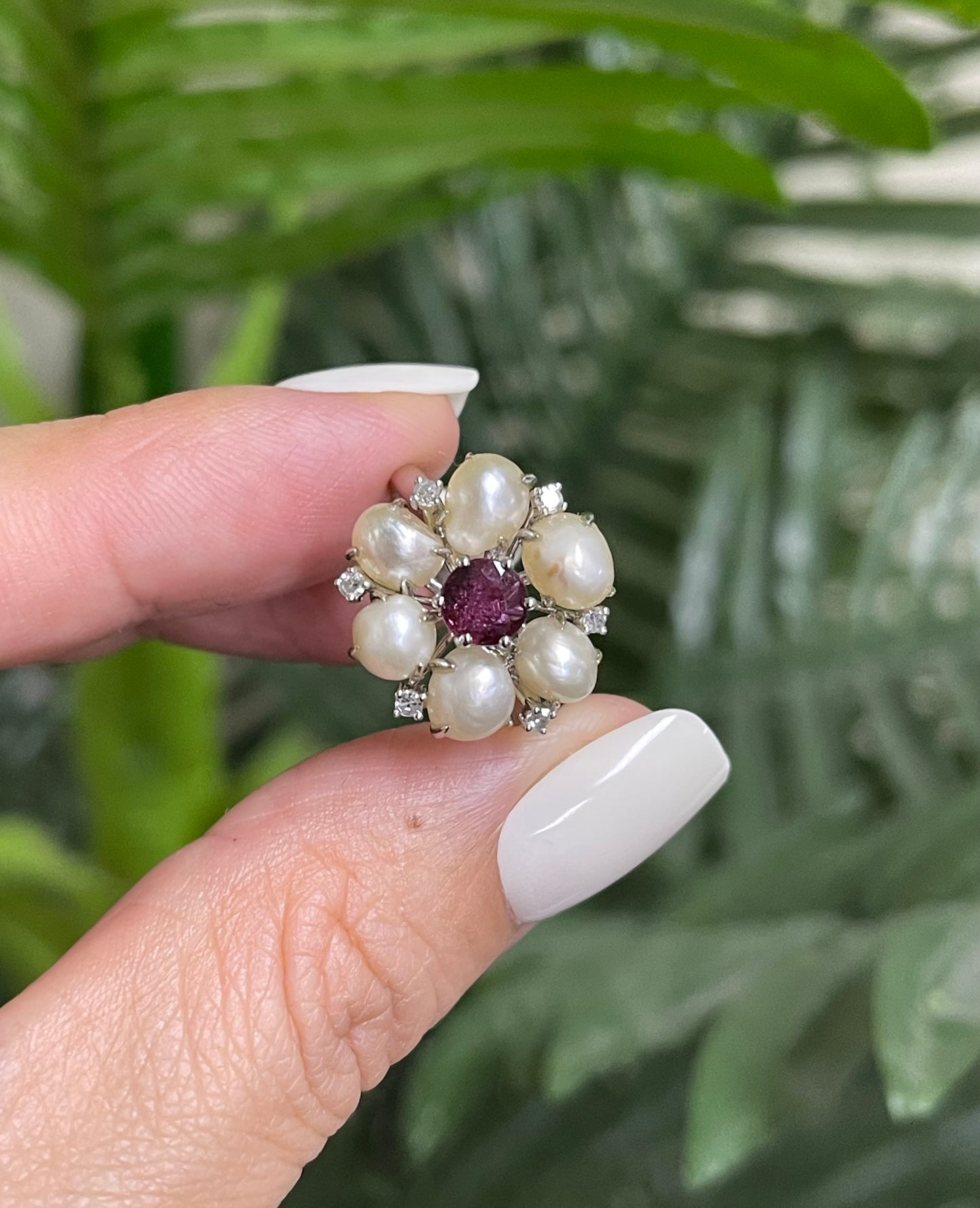 Natural Pearl Ruby Diamond Blossom Ring In 14ct White Gold