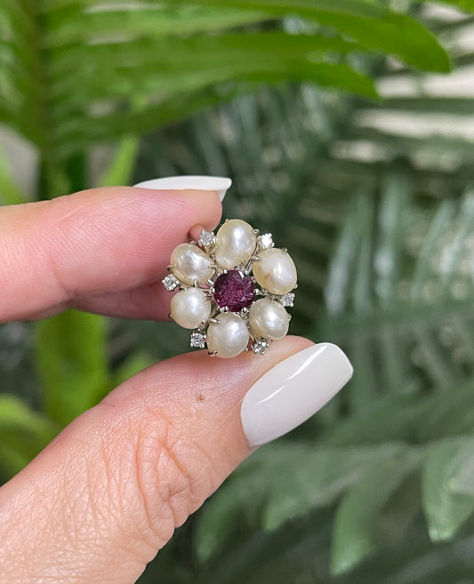 Natural Pearl Ruby Diamond Blossom Ring In 14ct White Gold