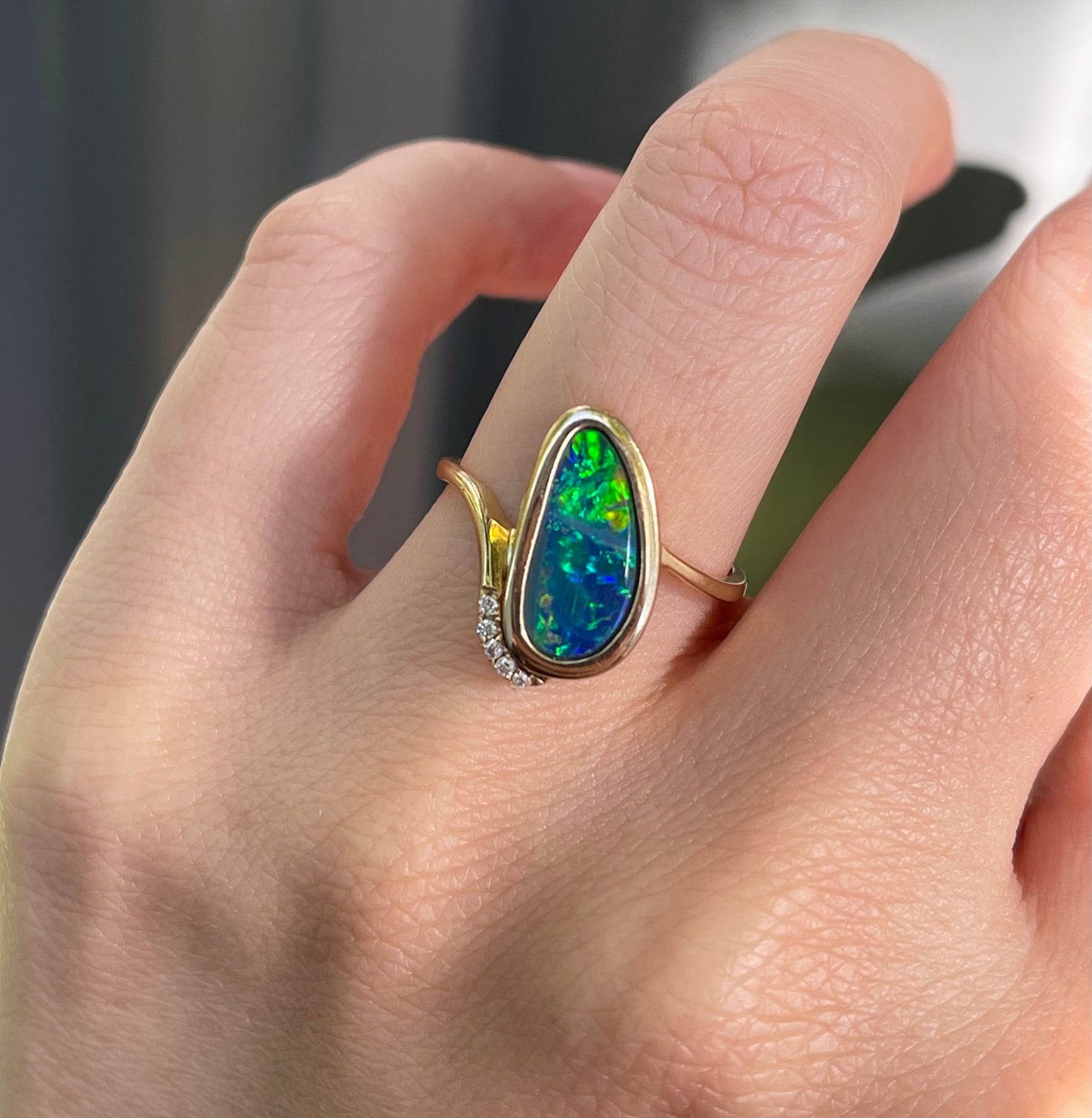 Vintage 1.8ct Natural Solid Australian Boulder Opal Diamond Ring In 14ct Yellow Gold