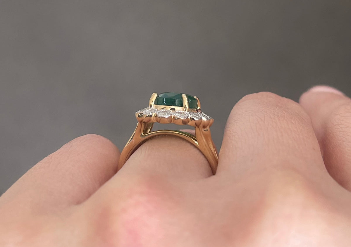 Natural Emerald Diamond Halo Ring In 14ct Yellow Gold