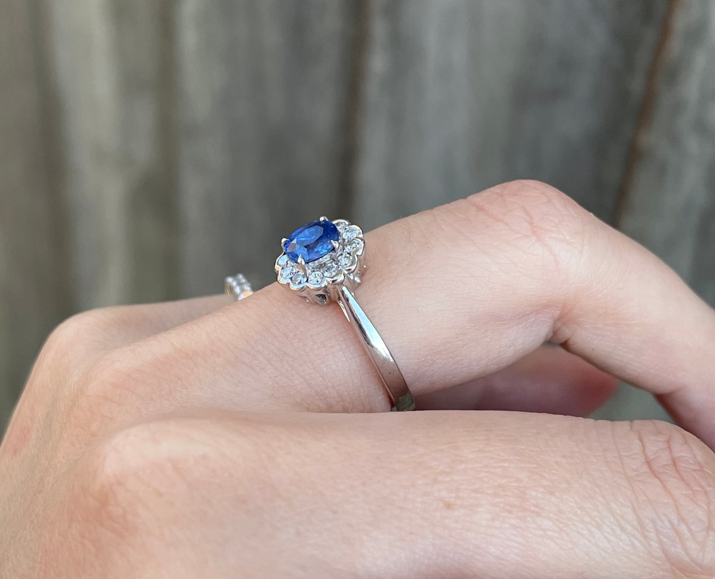 Natural Ceylon Sapphire Diamond Halo Ring In 9ct White Gold