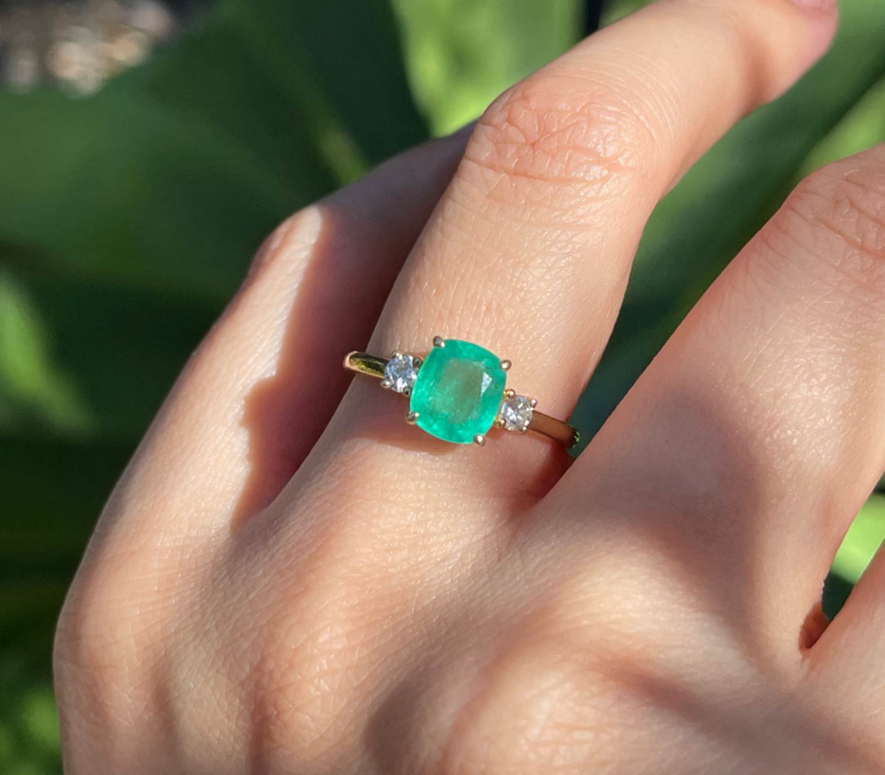 9ct yellow gold 1.5ct natural emerald with diamond 3 stone trilogy ring