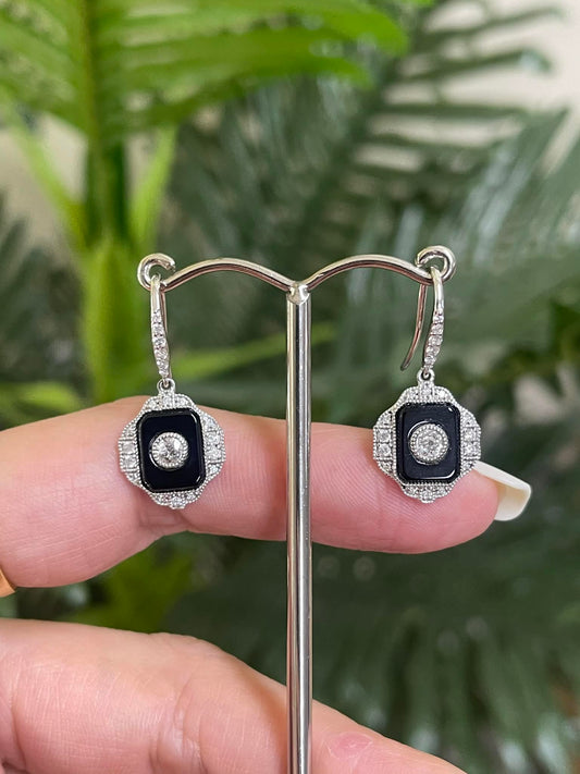 Art Deco Style Natural Onyx & Diamond Drop Earrings In 14ct White Gold