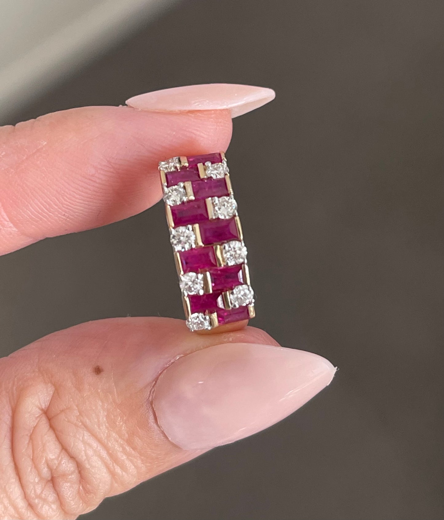Natural Ruby Diamond Geometric Ring In 14ct Yellow Gold