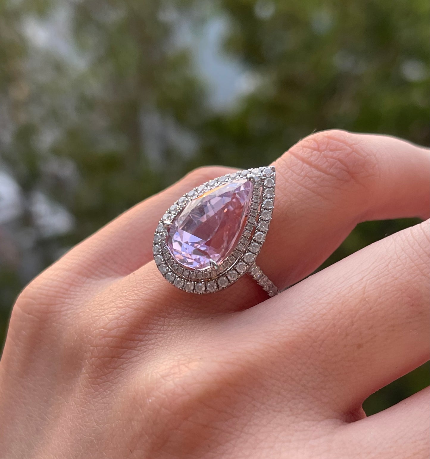 14ct white gold natural pear shaped Kunzite diamond halo ring