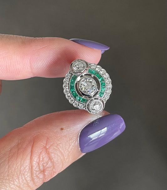 Art Deco Style Old Cut Diamond Tilogy Emerald Ring In 14ct White Gold