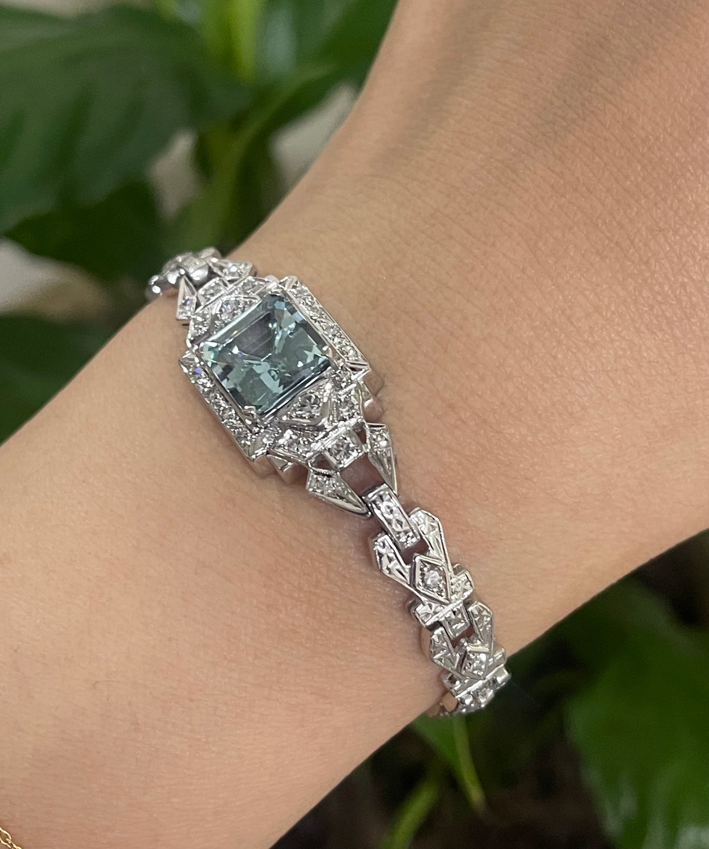 One Of A Kind Antique Conversion 3.75ct Natural aquamarine Diamond Bracelet In 14ct White Gold