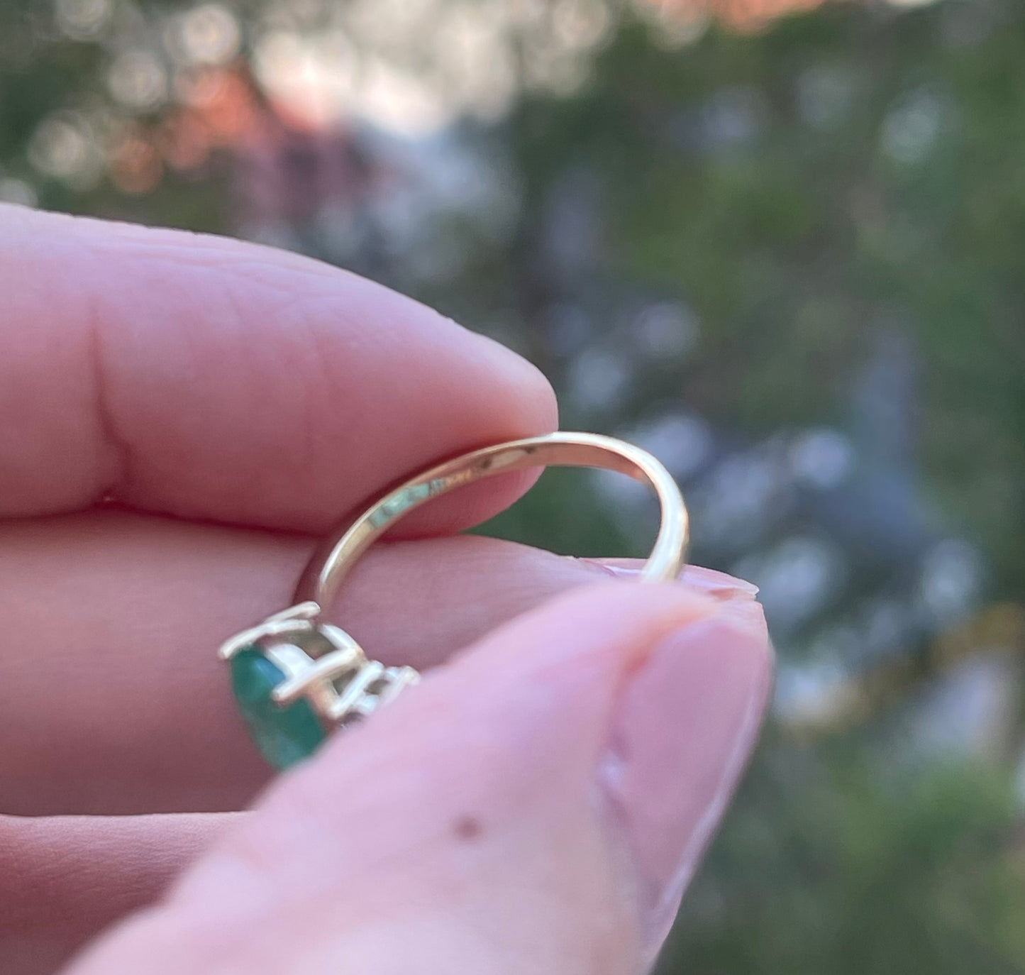 9ct yellow gold 1.5ct natural emerald with diamond 3 stone trilogy ring