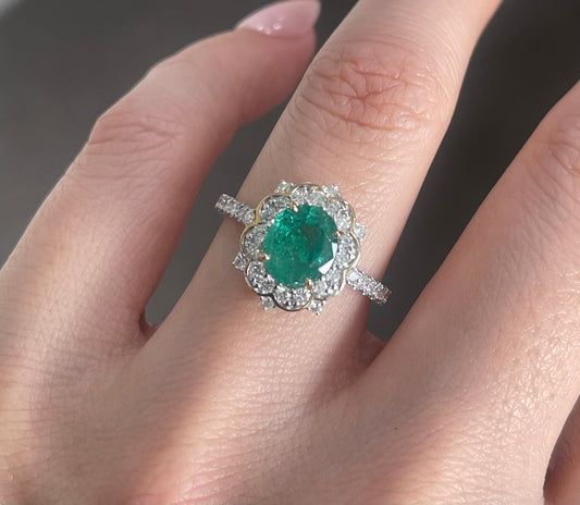 Natural Emerald Diamond Flower Ring In 14ct Yellow Gold