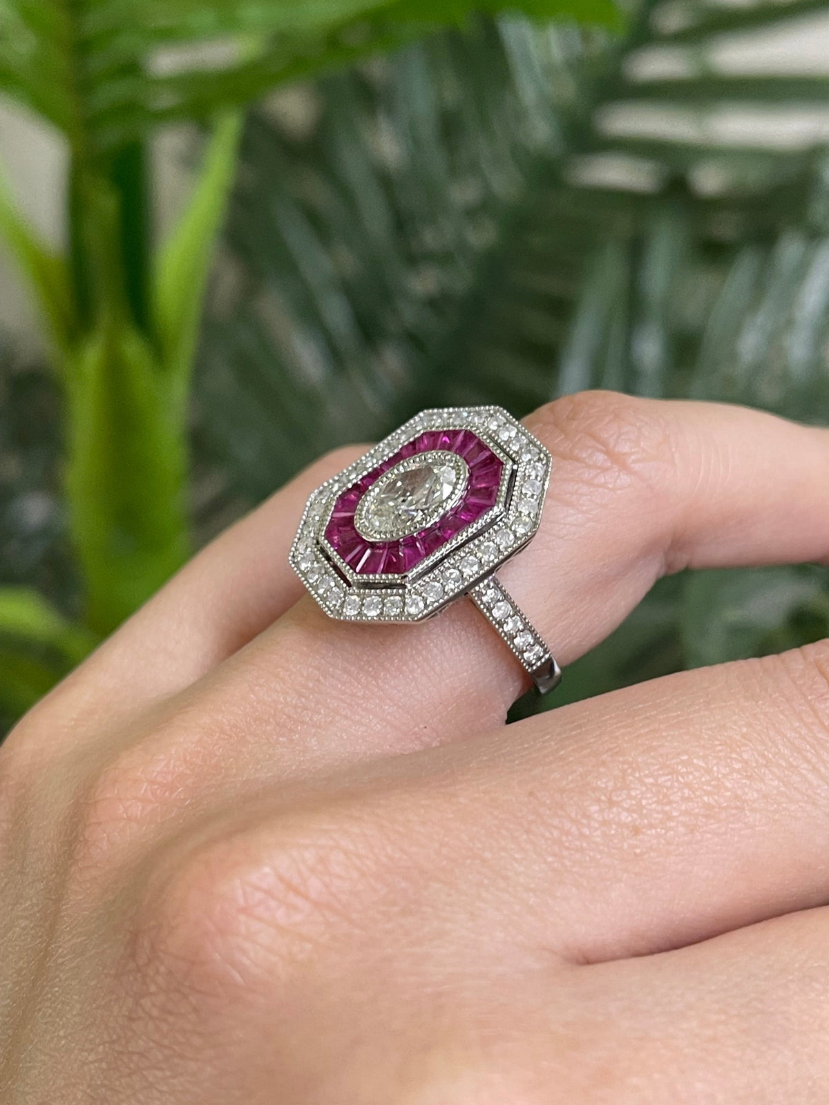 Art Deco Inspired Natural Ruby & Diamond Ring In 14ct White Gold
