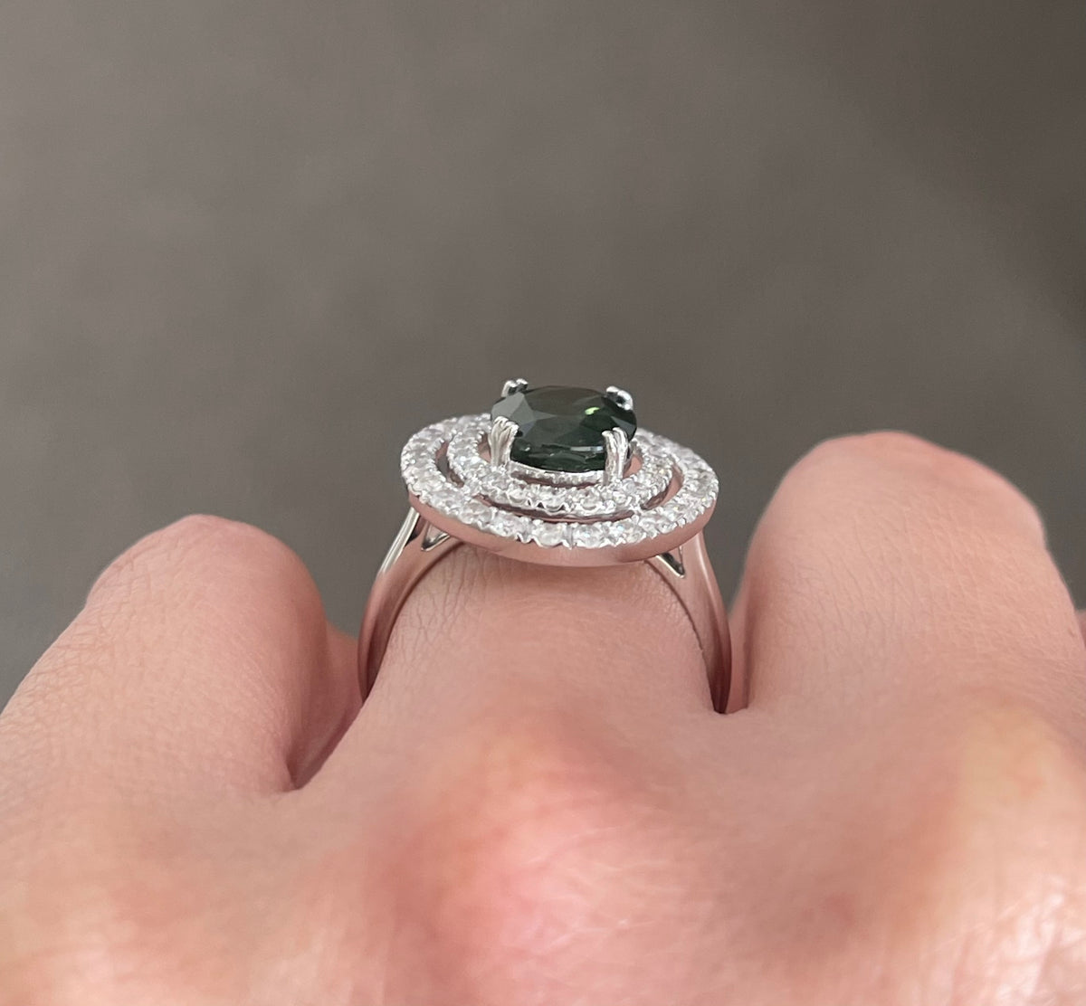 Natural Green Sapphire Diamond Halo Ring In 14ct White Gold