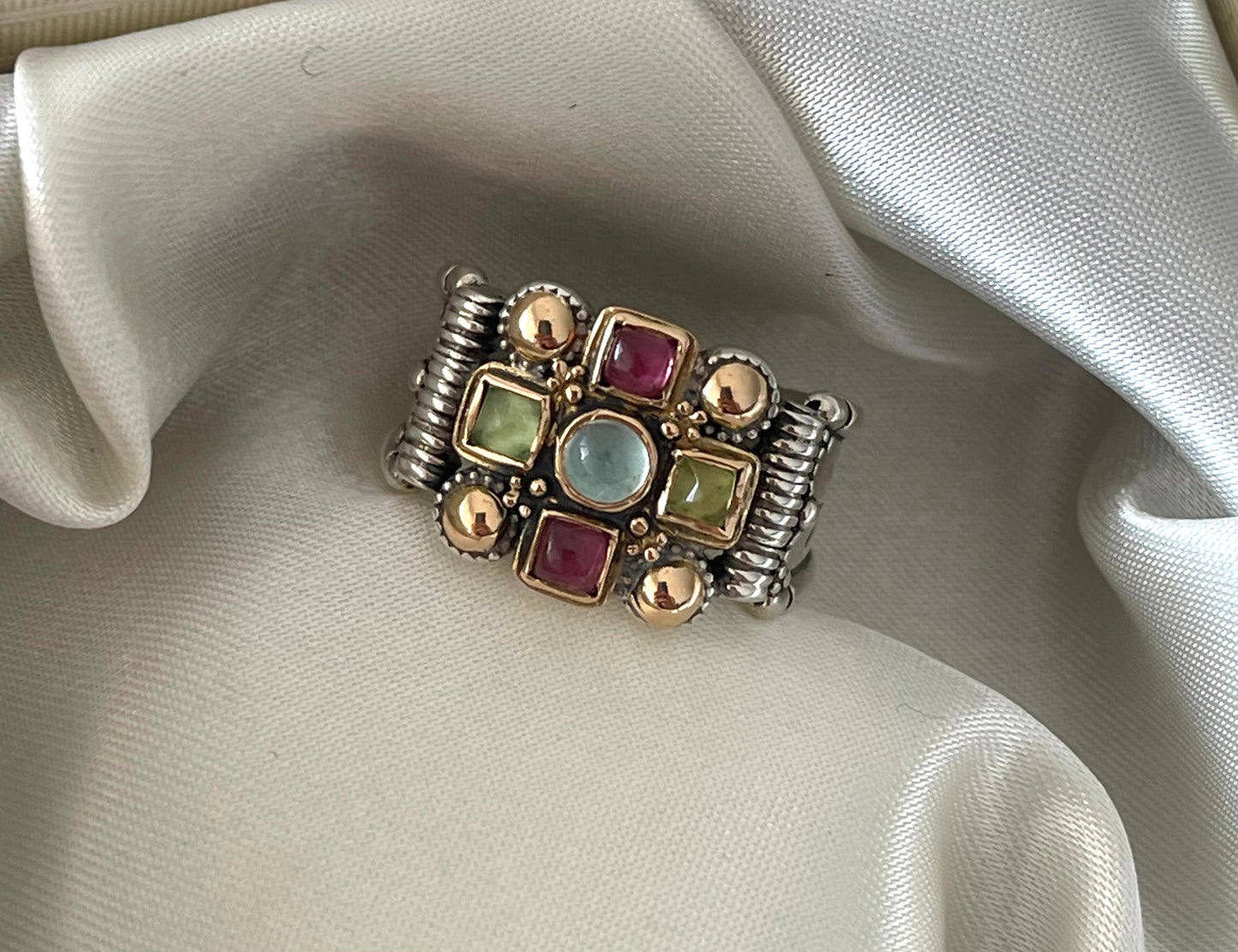 18ct yellow gold & sterling silver aquamarine & tourmaline wide band