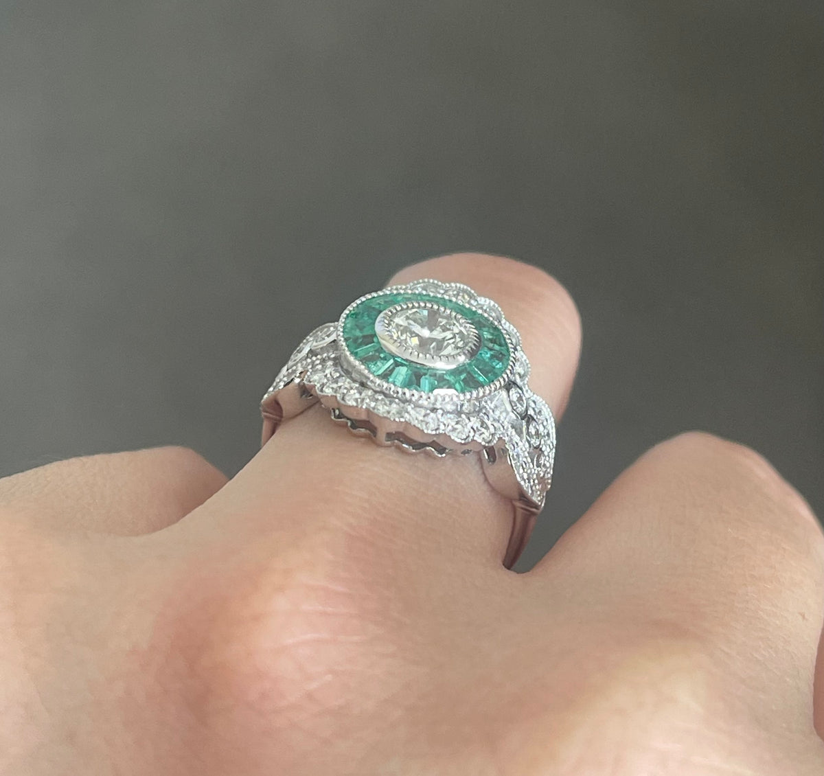 Art Deco Style 1.73ct Natural Diamond Emerald Ring In 14ct White Gold