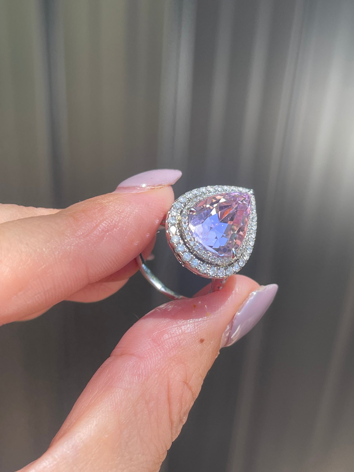 14ct white gold natural pear shaped Kunzite diamond halo ring