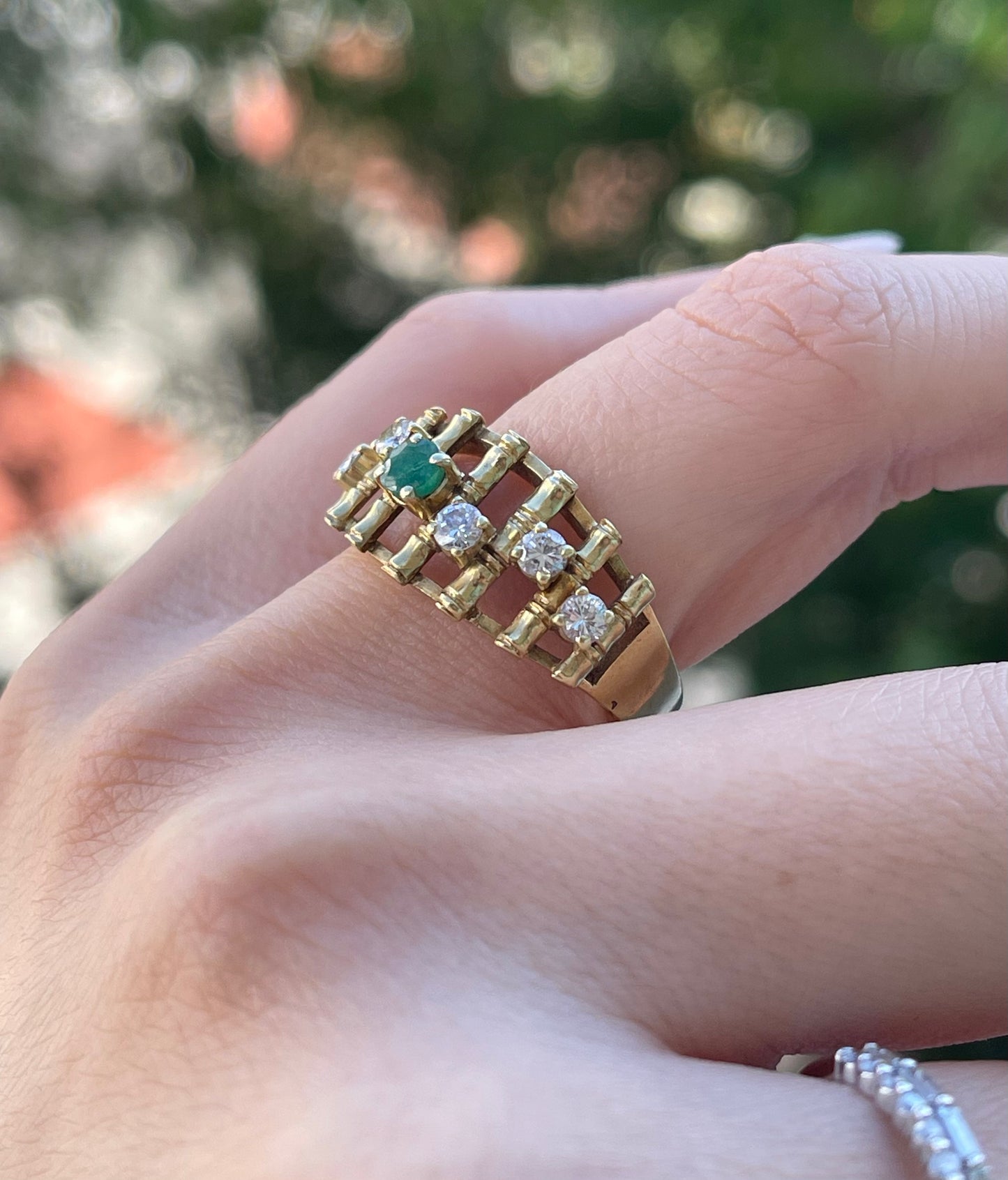 Vintage estate 14ct yellow gold natural diamond emerald bamboo style ring