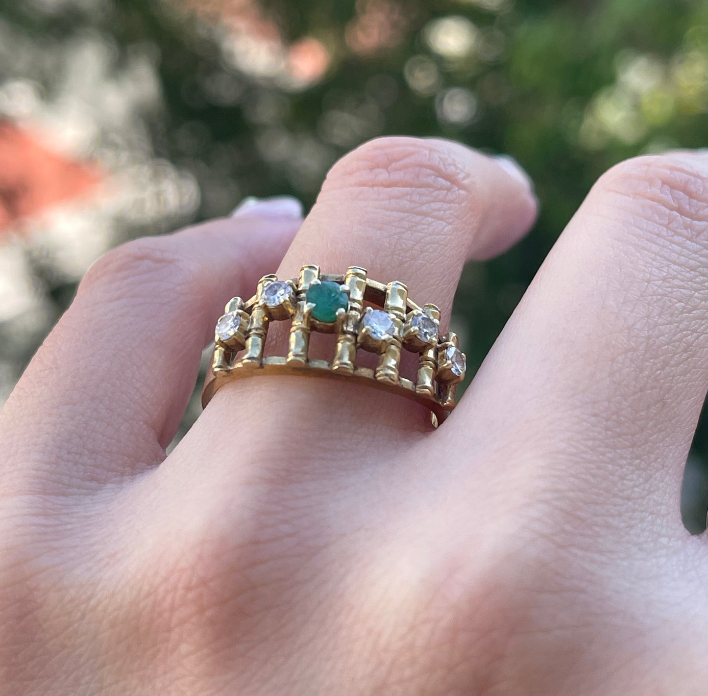 Vintage estate 14ct yellow gold natural diamond emerald bamboo style ring