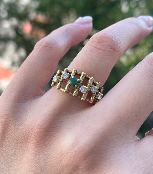 Vintage estate 14ct yellow gold natural diamond emerald bamboo style ring