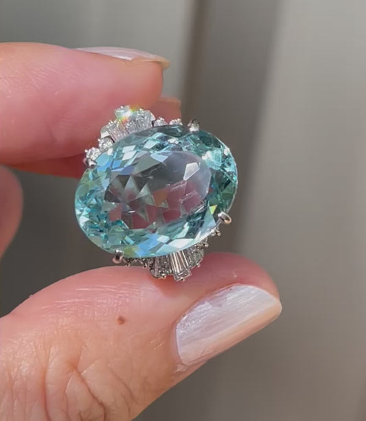 Platinum 900 12.16ct natural aquamarine ring with 0.7ct diamonds