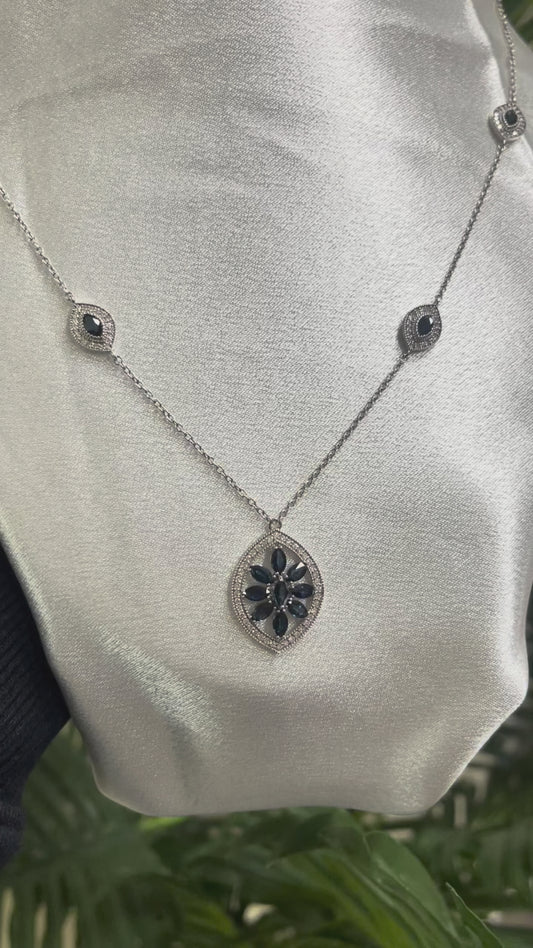 Natural Sapphire & Diamond Necklace  In 14ct White Gold