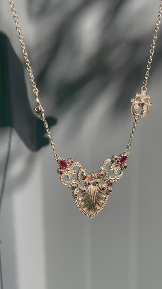 Antique Garnet & Seed Pearl Necklace In 9ct Yellow Gold