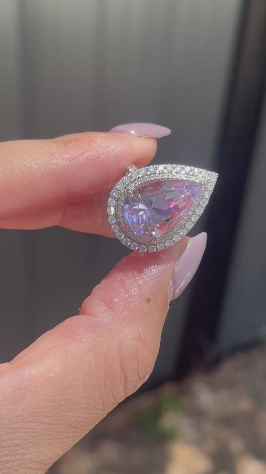 14ct white gold natural pear shaped Kunzite diamond halo ring