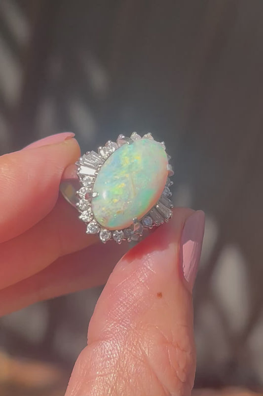 Heavy 900 platium natural solid opal diamond ring