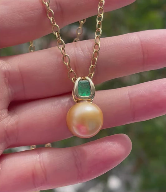 9ct yellow gold genuine golden south sea pearl pendant with natural emerald