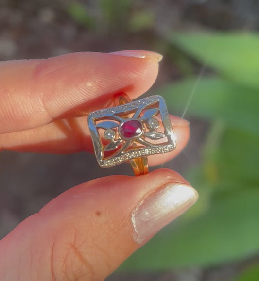 Vintage art deco style 18ct yellow white gold garnet diamond ring